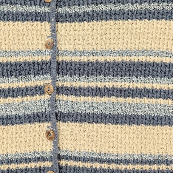 VTG 90s Y2K Blue & Cream White Striped Knit Long-Sleeve Oversized Cardigan - Picture 3 of 5